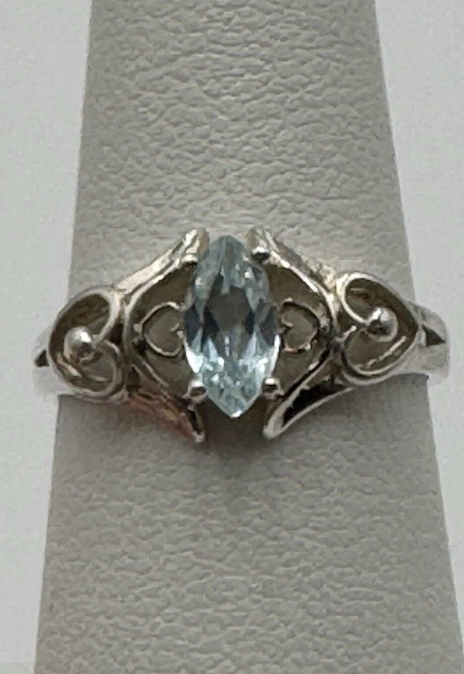 Sterling Silver 925 Blue Oval Topaz December Birthstone Ring Double Heart Size 7